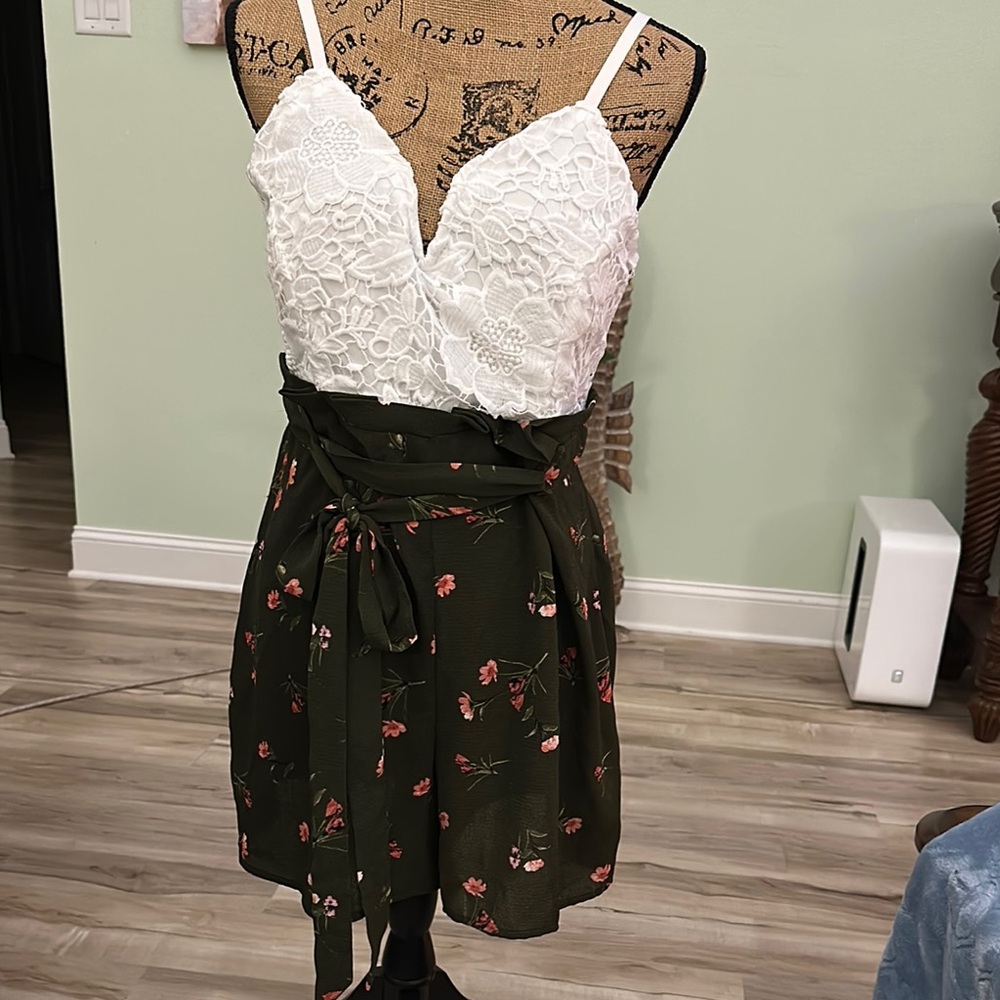 White Lace Top with Green Floral Romper